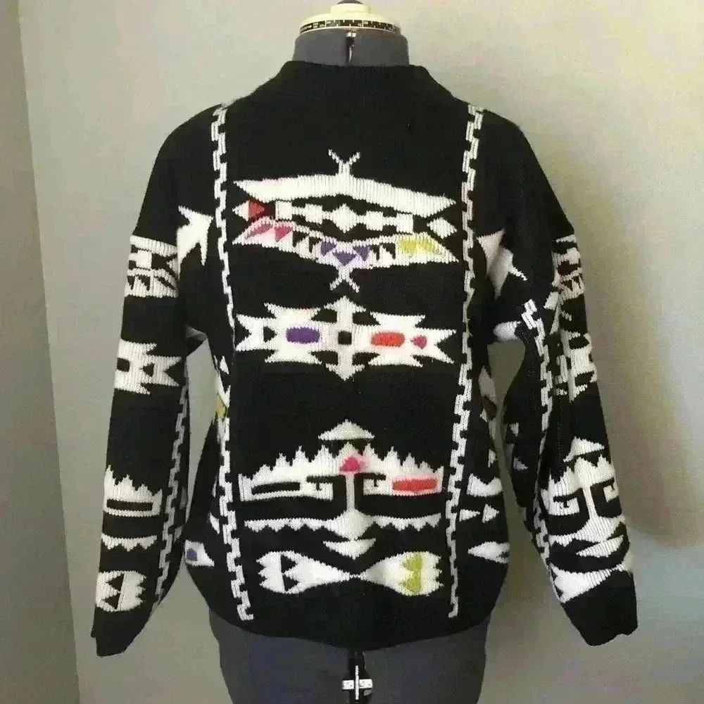 Vtg Jamie Scott Black White Southwest Aztec Geometric Crewneck Acrylic Sweater M